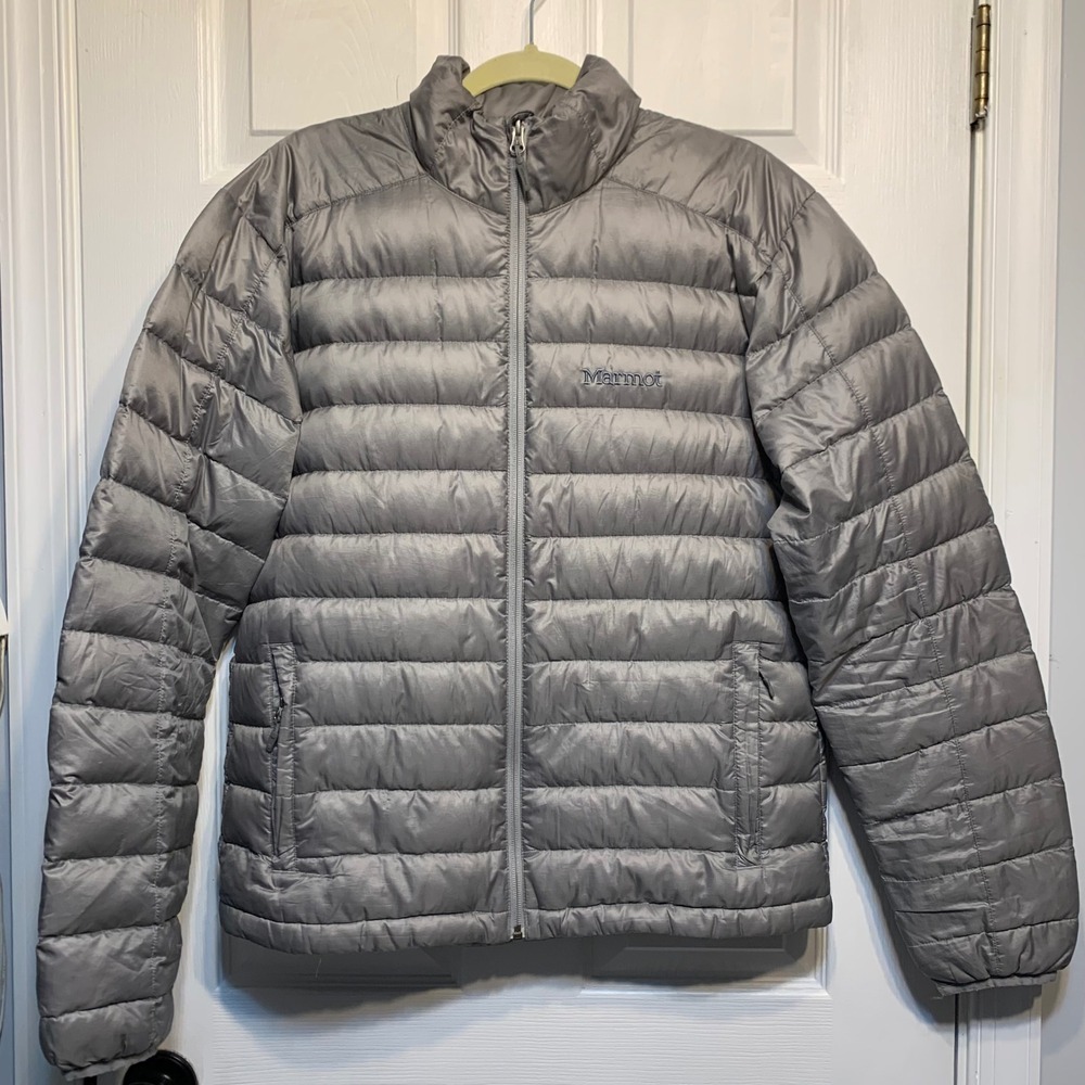 Marmot Puffer Jacket Medium Grey Down Filled Ripstop Full Zip Outdoor Gorpcore